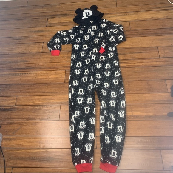 Disney Mickey Mouse One Piece Fleece Pajama With Hoodie & Ears Adults Size Large - Picture 1 of 9